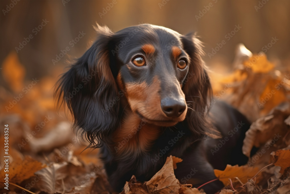 Dachshund dog in forest with orange autumn leaves