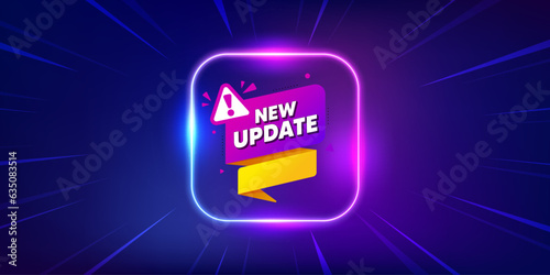 New update paper banner. Neon light frame offer banner. Important message tag. Exclamation mark icon. New update promo event flyer, poster. Sunburst neon coupon. Flash special deal. Vector