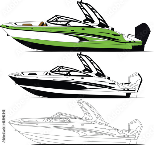 Boat vector, Jet motorboat vector, Fishing boat vector, line art illustration and one color.