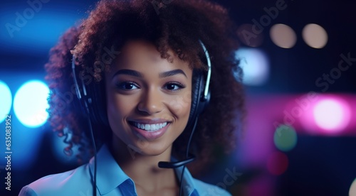 Smiling african american customer care representative woman working with headset in office.