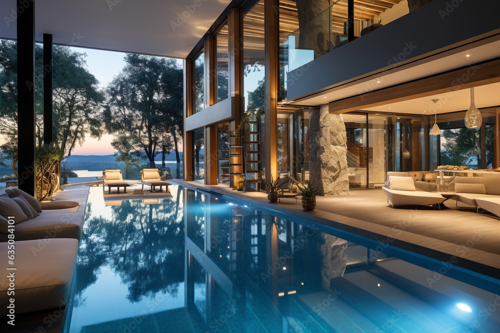 Design of luxurious house at dusk with large swimming pool in wide angle image Design of luxurious house at dusk with large swimming pool in wide angle image