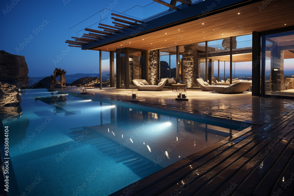 Fototapeta premium Design of luxurious house at dusk with large swimming pool in wide angle image
