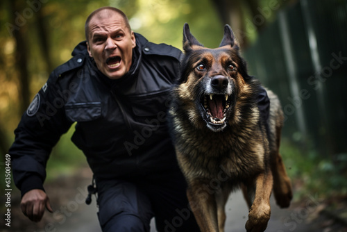 Police dog on the attack with its police handler in the background photo