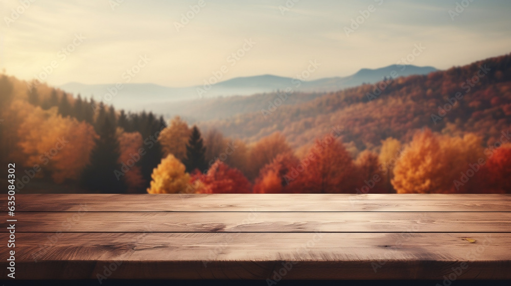 Autumn Harvest, Captivating Wood Table Set in Serene Landscape