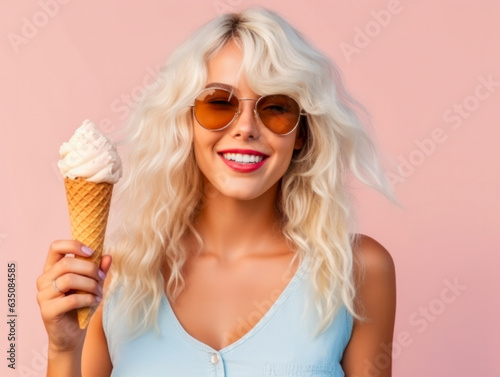 Portrait einer hübschen Frau vor pastellfarbenem Hintergrund, die ein Eis geniesst. Generative KI
