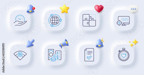 Heartbeat timer, 5g wifi and Credit card line icons. Buttons with 3d bell, chat speech, cursor. Pack of Eco energy, Safe time, Approved checklist icon. Seo, Puzzle pictogram. Vector