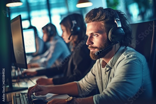 Male call center operator wearing headset using computer in call center.