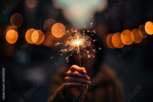 A girl holding a sparkler, creating bright sparks during a night celebration. Festive and vibrant atmosphere. photo