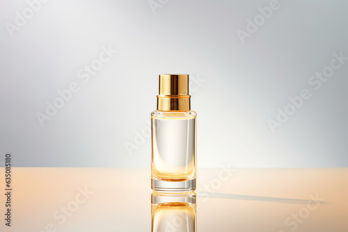 A bottle of scented perfume against a luxurious and elegant backdrop. Beauty and fragrance concept.