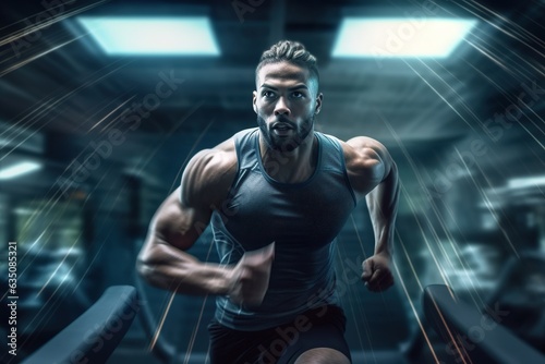 Handsome African-American sportsman running on treadmill at gym. © Bojan