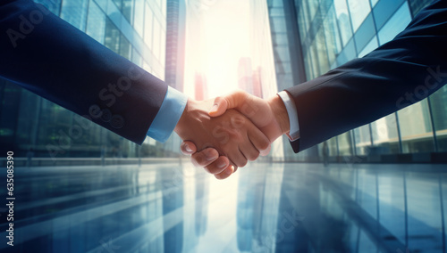 Fostering professional relationships. A symbolic handshake of businessmen embracing collaboration, trust, and shared success in the corporate landscape.