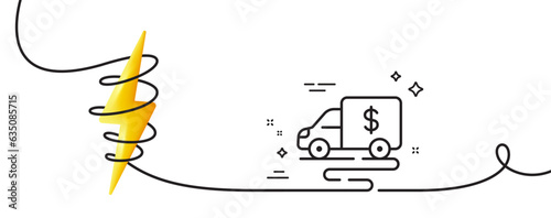 Cash transit line icon. Continuous one line with curl. Money collector truck sign. Cash collection machine symbol. Cash transit single outline ribbon. Loop curve with energy. Vector
