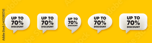 Up to 70 percent discount. 3d chat speech bubbles set. Sale offer price sign. Special offer symbol. Save 70 percentages. Discount tag talk speech message. Talk box infographics. Vector