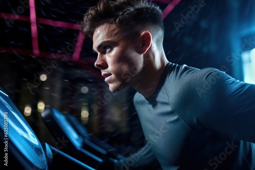 Side view portrait of handsome sportsman in fitness-wear running on treadmill at gym.