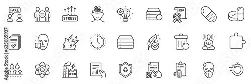 Icons pack as Stress grows, Seo idea and Qr code line icons for app include Fast recovery, Certificate, Accounting outline thin icon web set. Document, Anxiety, Recovery trash pictogram. Vector