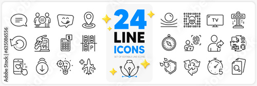 Icons set of Inspect, Timer and Equality line icons pack for app with Recovery data, Calculator, Binary code thin outline icon. Heart rating, Petrol station, Attraction pictogram. Vector