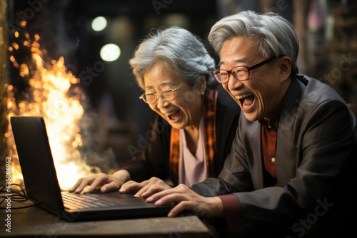 asian senior couple using device