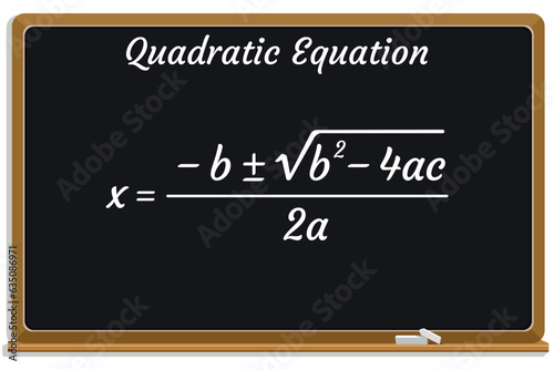 Formula of a quadratic equation on a 
 black chalkboard. School. Math. Vector illustration. photo