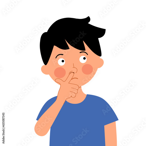 Boy child pick his nose character in flat design on white background.