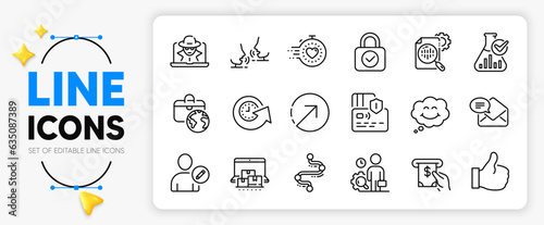 Card, Update time and Seo stats line icons set for app include Like, Atm service, Security lock outline thin icon. Fraud, Edit user, Talk pictogram icon. Timeline, Direction, Smile. Vector