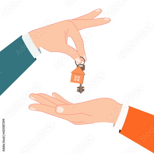 Hands giving keys . Proposal of the purchase of a house, lease of real estate. Gift, offer, demonstration, handing over the keys to the house, landlord-dealer. Vector flat illustration.