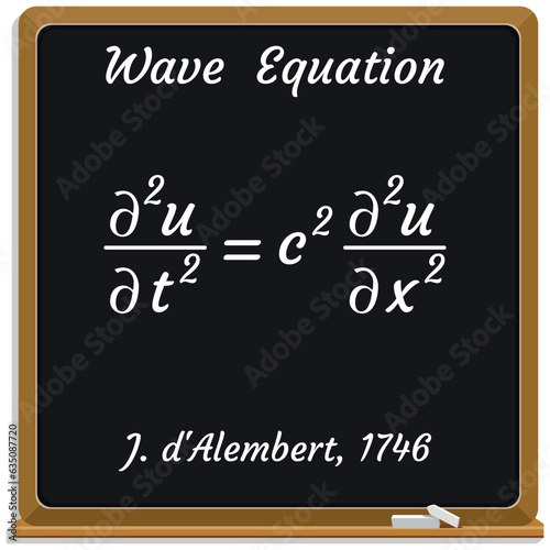 Wave Equation on a black chalkboard.. Education. Science. Formula. Vector illustration. 