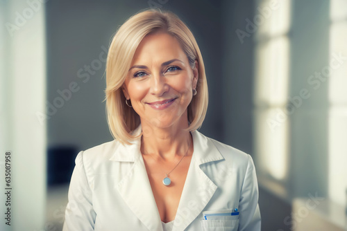 Female doctor in hospital looking at the camera. Confident and attractive mature physician smiling 