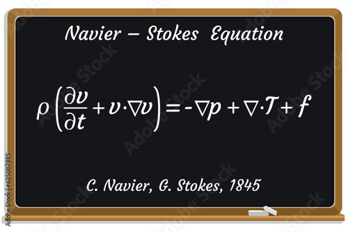 Navier – Stokes Equation on a black chalkboard.. Education. Science. Formula. Vector illustration.  photo