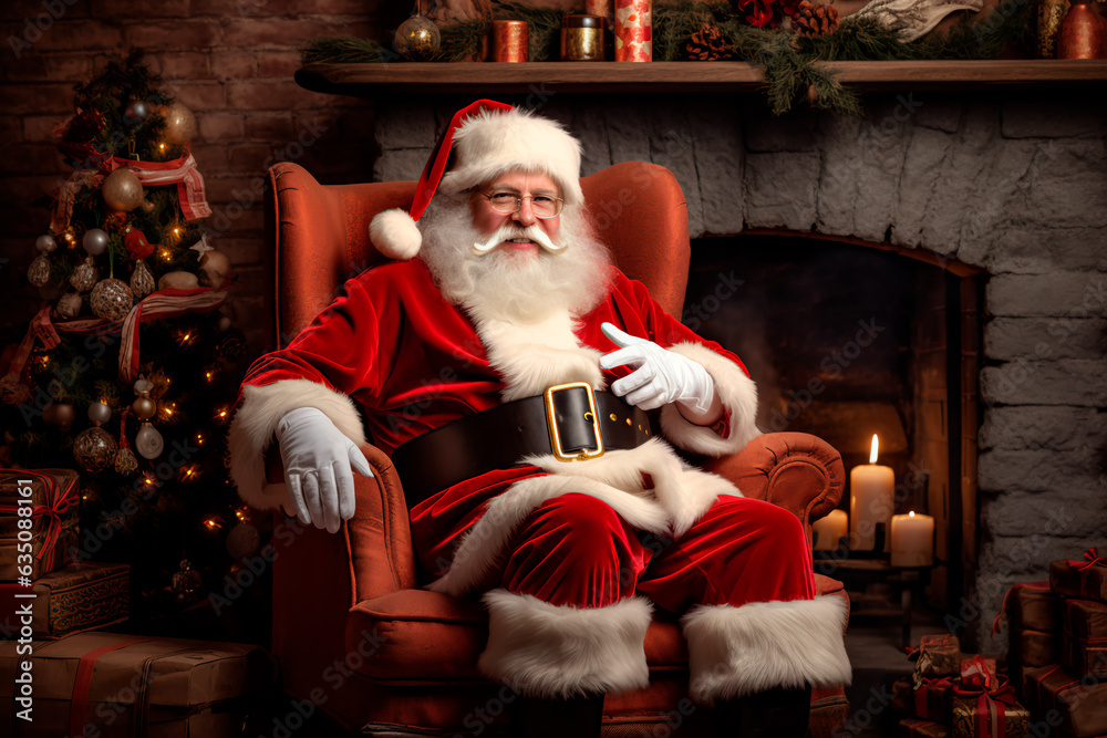 Santa Claus is sitting in his chair by the fireplace. The atmosphere of Christmas and New Year Santa Claus is sitting in his chair by the fireplace. The atmosphere of Christmas and New Year