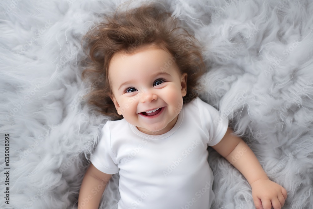 Product print template or mock-up for children's clothes: a caucasian baby wearing a white bodysuit or a t-shirt, smiling and laying on the furry grey blanket