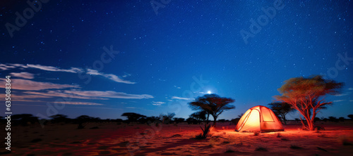 thrill of adventure in the heart of Africa s savannah  as the night sky graces the landscape  offering a perfect backdrop for a memorable camping experience near Kilimanjaro.