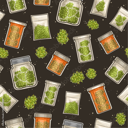 Vector Medical Cannabis Seamless Pattern, repeat background with cut out illustrations of dry medicinal marijuana nug for wrapping paper, flat lay medical cannabis nugs in transparent and orange jars photo