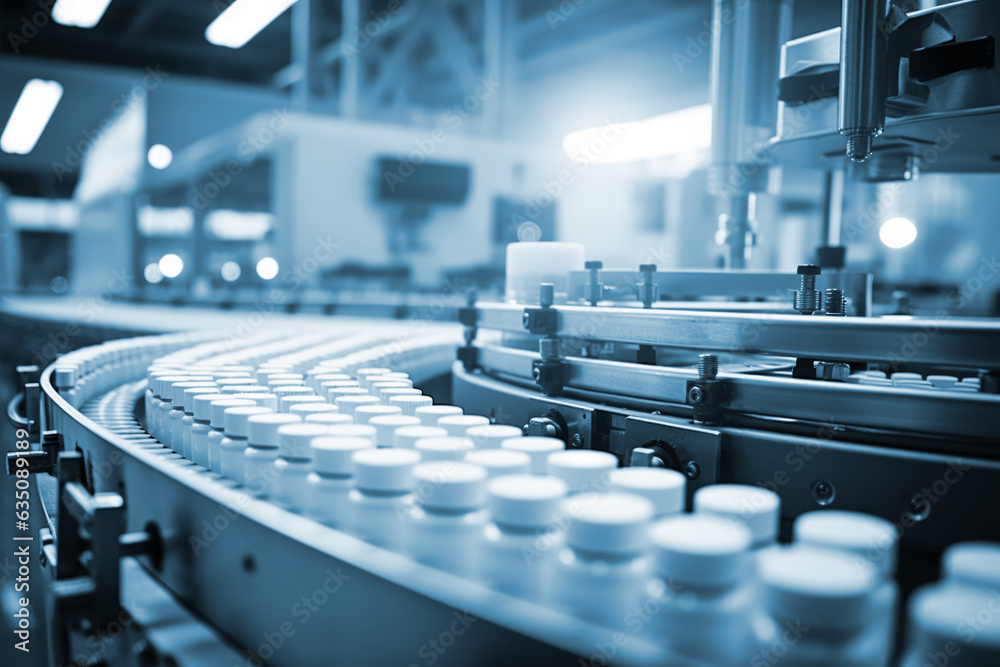 Obraz premium Pharmacy plant in action: Efficient production line processes medicines, exemplifying the integration of technology in drug manufacturing.