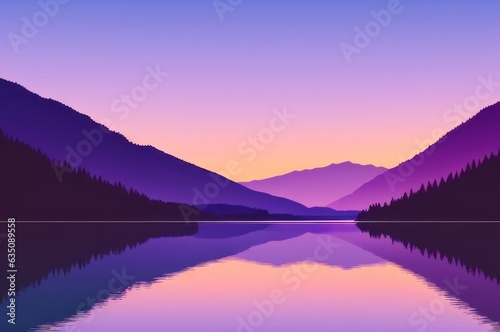 Minimalist landscape. Mountains near the water. Image of mountains on background of lakes, sea, ocean. Reflection in water. Abstract illustration for travel, adventure, climbing