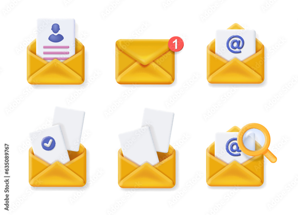 Letter envelope with paper document. Yellow open, closed envelopes email icon set. New message mailbox, notification with letters, check mark and magnifying glass 3d vector Letter envelope with paper document. Yellow open, closed envelopes email icon set. New message mailbox, notification with letters, check mark and magnifying glass 3d vector