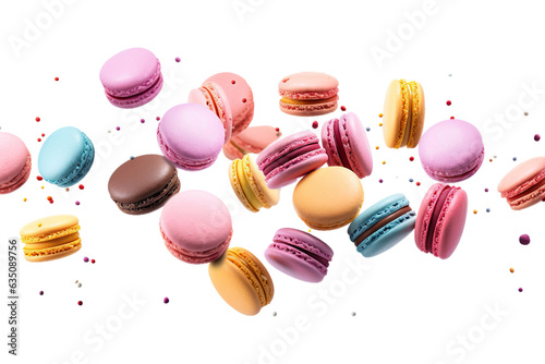 Fototapete Various colorful of macarons floating on the air isolated on clean png background, Desserts sweet cake concept, with Generative Ai