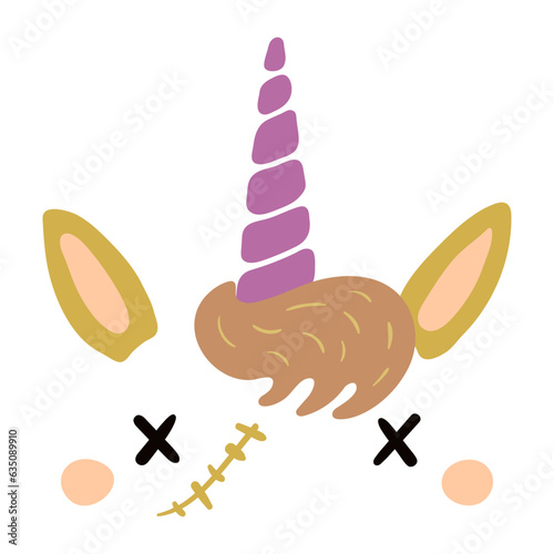 Cute zombie unicorn face hand drawn character illustration. Hand drawn cartoon animal, kawaii style flat design, isolated vector. Kids Halloween print element, trick or treat, party