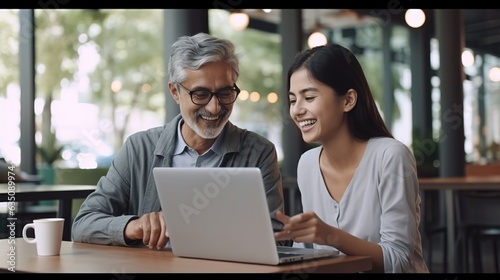 Business couple using laptop in cafe