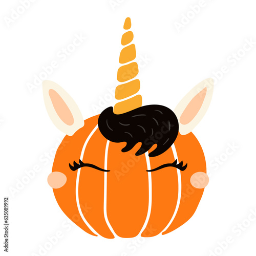 Fotografie Cute pumpkin unicorn face hand drawn character illustration
