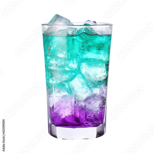 Glass of colorful soda with ice cubes on transparent background. Generative ai design concept.