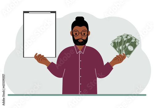 A man holds a lot of paper money in one hand and in the other a clipboard empty for text. Concept for advertising banner or poster of earning or saving money.