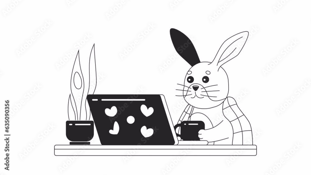 Cute rabbit drinking tea at laptop bw cartoon animation. Movie night 4K