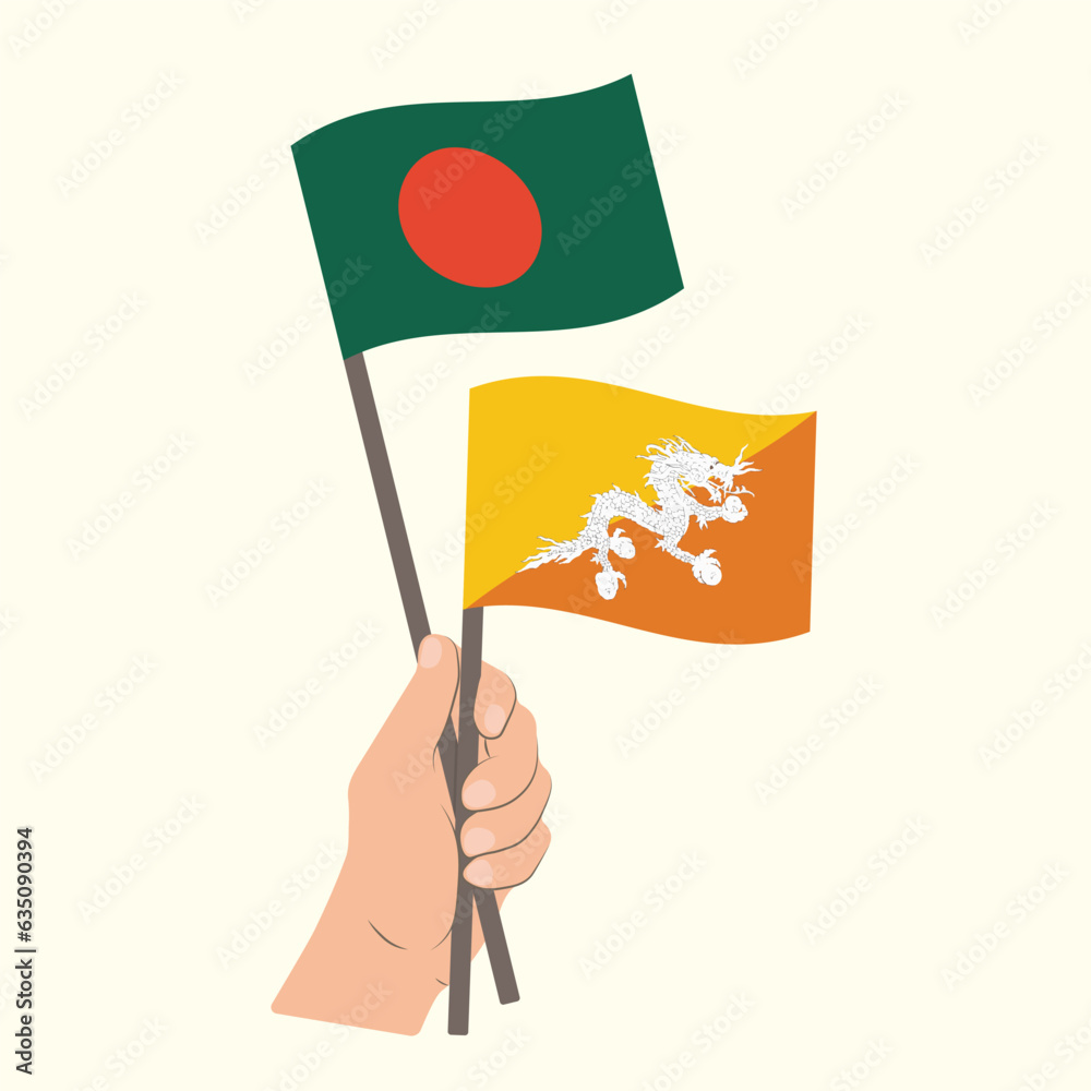 Flags of Bangladesh and Bhutan, Hand Holding flags Flags of Bangladesh and Bhutan, Hand Holding flags