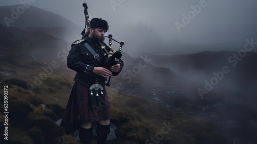 A traditional Scottish bagpiper, playing haunting melodies on a misty hilltop, surrounded by clouds and fog, evoking a sense of history and mystique. Generative AI