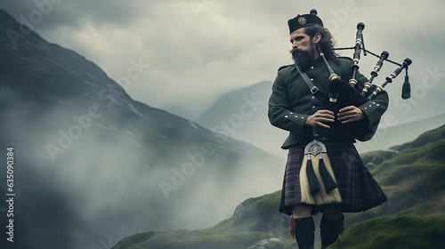 A traditional Scottish bagpiper, playing haunting melodies on a misty hilltop, surrounded by clouds and fog, evoking a sense of history and mystique. Generative AI