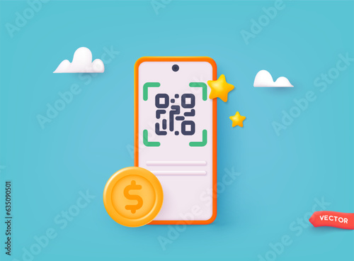 Scanning qr code. Download page of the mobile app. Web banner. 3D Web Vector Illustrations.