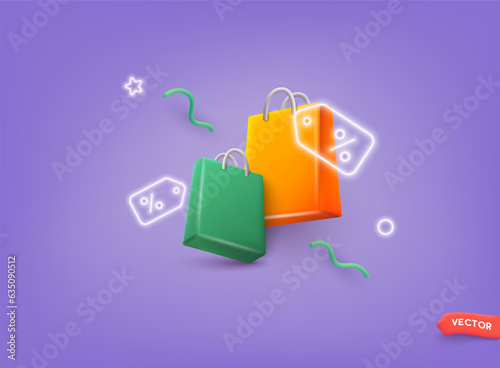 Shopping bag with discount signs. Banner for online shopping with 3d realistic gift bags. 3D Web Vector Illustrations.