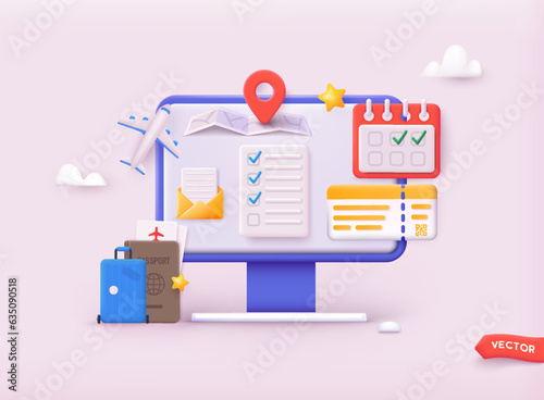 Trip banner with passport, tickets, travel bag. Planning you vacation. 3D Web Vector Illustrations.
