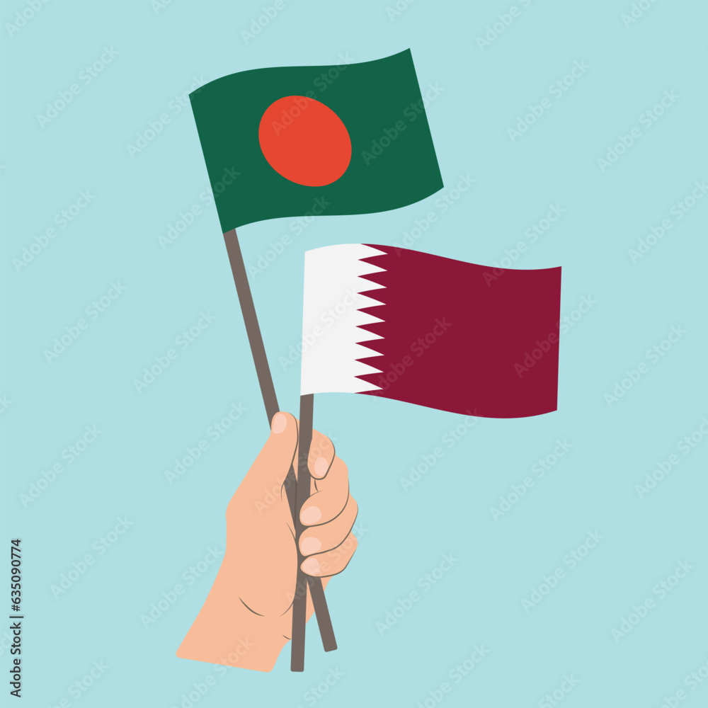 Flags of Bangladesh and Qatar, Hand Holding flags Flags of Bangladesh and Qatar, Hand Holding flags