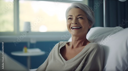 a portrait of a beautiful mature american adult woman patient in a clinic hospital room on a bed receiving good news. happy smiling woman. perfect for ad.